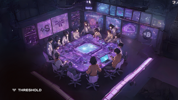 AI generated image of anime people sitting in a glowing purple room. Threshold Logos are displayed on screens.